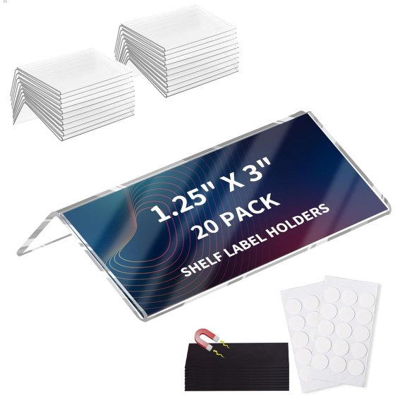 Acrylic Rigid Label Holders 1.25x3 inch for School Library Book Shelves Tags Office Warehouse Metal Shelf Labels with Magnetic Strip and Self-Adhesive Dots, Transparent Tabletop Price Sign