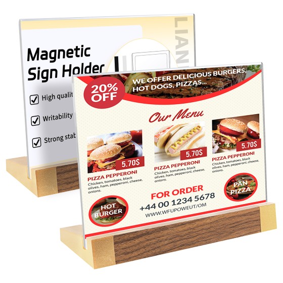 Acrylic Sign Holder 8.5x11 Inch with Wood-Color Base, Tabletop Display Sign Frame Horizontal Clear for Store/Coffee Shop/Restaurant Menu Display Hotel/Office Show Exhibitions Holder, 2 Pack