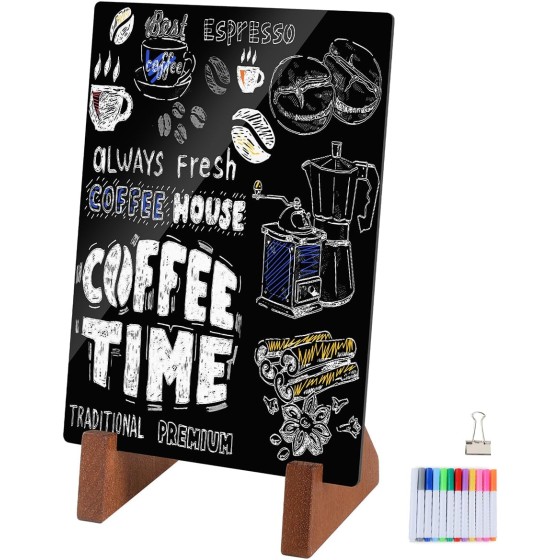 Double-Side Small Chalkboard Painting Sign 5x7 Inch with Wood Holder for Table Display, Coffee/Restaurant Menu Message Board, Number Holder Party Decorations with 12 Color Pens and 1 Clip