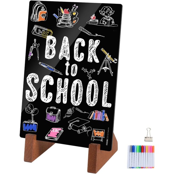 Double-Side Chalkboard Painting Sign 8.5x11 Inch with Wood Holder for Tabletop Display, Bar/Coffee/Restaurant Menu Message Board, Party Event Decorations with 12 Color Pens and 1 Clip