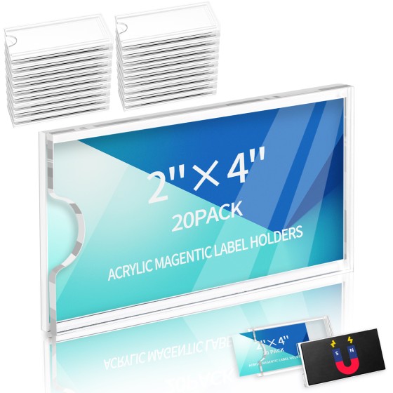 20 Pcs Magnetic Acrylic Label Holder Clear Shelf Tag Label Holders Price Tag Holder for Warehouse Supermarket Library Bookshelves Marking Compatible with 4 in Metal Shelves (2x4 in)