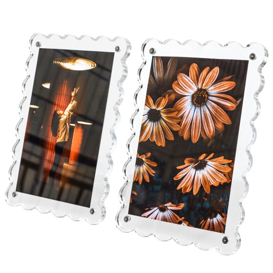 LIANHELILAI 5x7 Picture Frames Scalloped Acrylic Magnetic Clear Photo Frames with Removable Stand for Home/Office Desk/Table Picture Vertical and Horizontal Display, 2 Pack